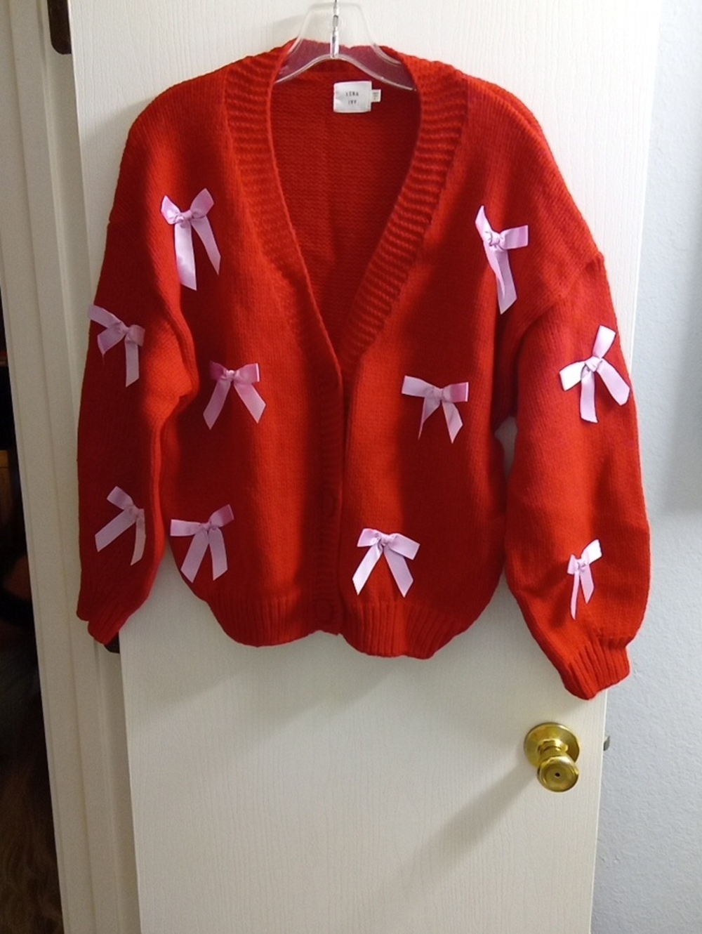 Red Bow-Appliqué V-Neck Cardigan Sweater